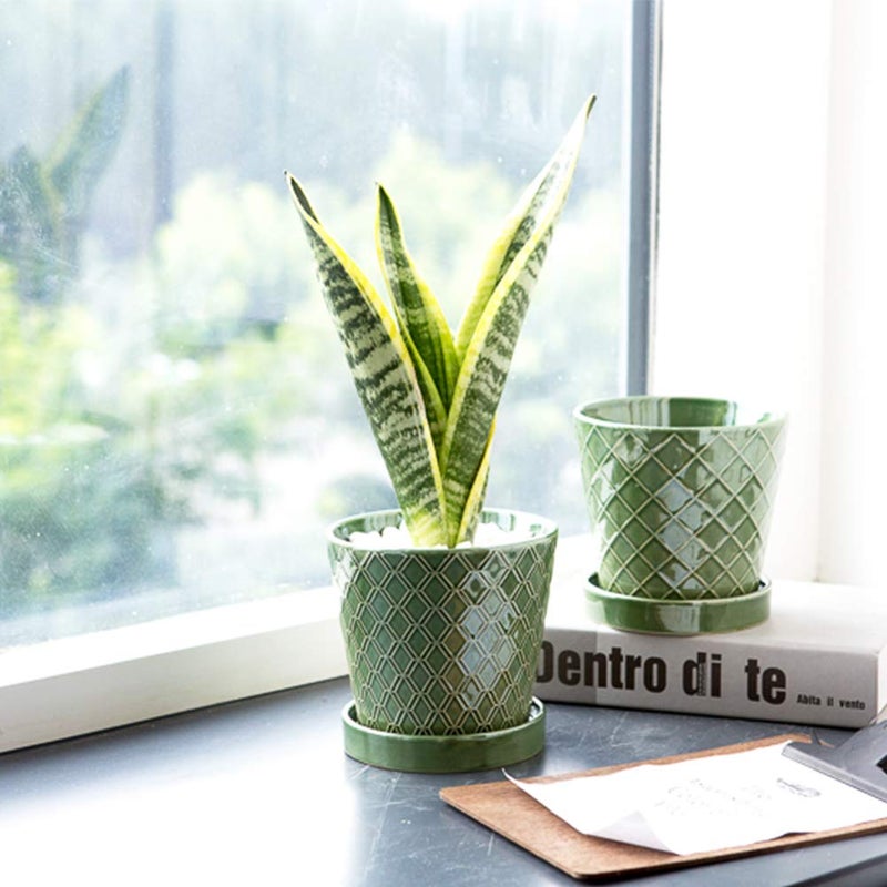 BUYMAX Plant Pots Indoor â€“5 inch Ceramic Flower Pot with Drainage Hole and Ceramic Tray - Gardening Home Desktop Office Windowsill Decoration Gift, Set of 4-Plants NOT Included (Patina) - Image 5